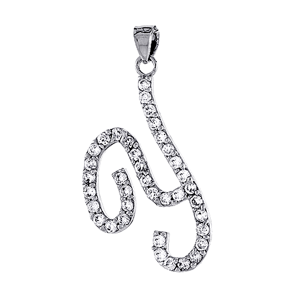 STERLING SILVER SCRIPT INITIAL LETTER Y ALPHABET PENDANT WITH CUBIC ZIRCONIA STONES 1 3/8 INCH HIGH