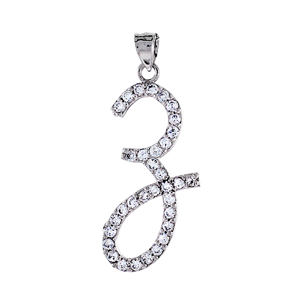 Sterling Silver Script Initial Letter Z Alphabet Pendant with Cubic Zirconia Stones 1 3/8 inch high
