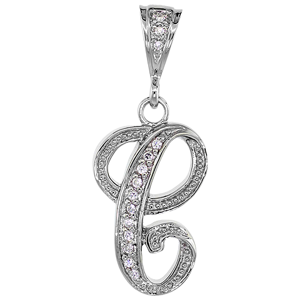 Sterling Silver Large Script Initial Letter C Pendant w/ Cubic Zirconia Stones 1 1/2 inch high