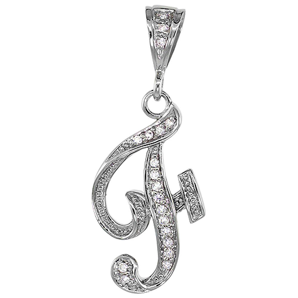 Sterling Silver Large Script Initial Letter F Pendant w/ Cubic Zirconia Stones 1 1/2 inch high
