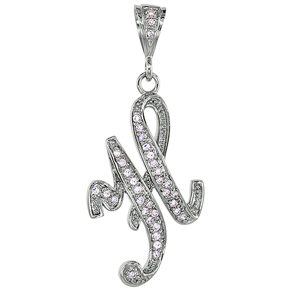 Sterling Silver Large Script Initial Letter H Pendant w/ Cubic Zirconia Stones 1 1/2 inch high