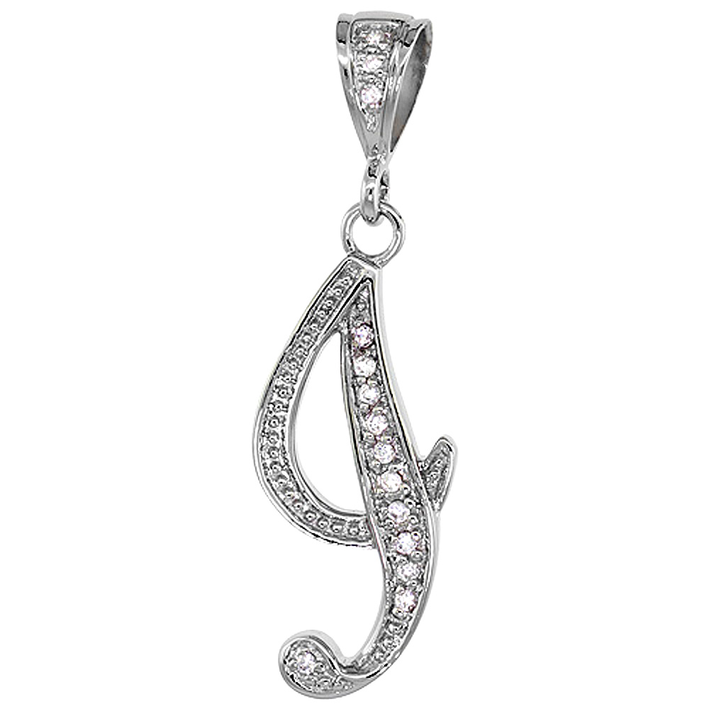 Sterling Silver Large Script Initial Letter I Pendant w/ Cubic Zirconia Stones 1 1/2 inch high
