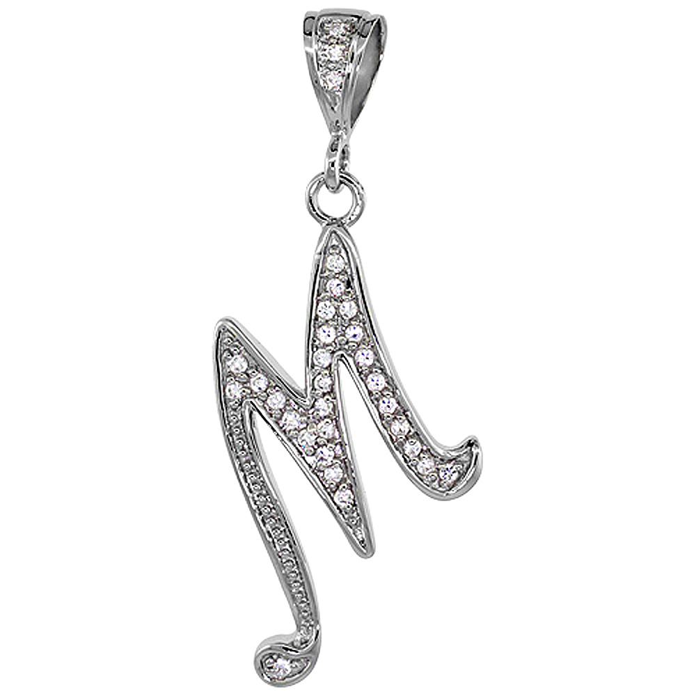 STERLING SILVER LARGE SCRIPT INITIAL LETTER M PENDANT W/ CUBIC ZIRCONIA STONES 1 1/2 INCH HIGH
