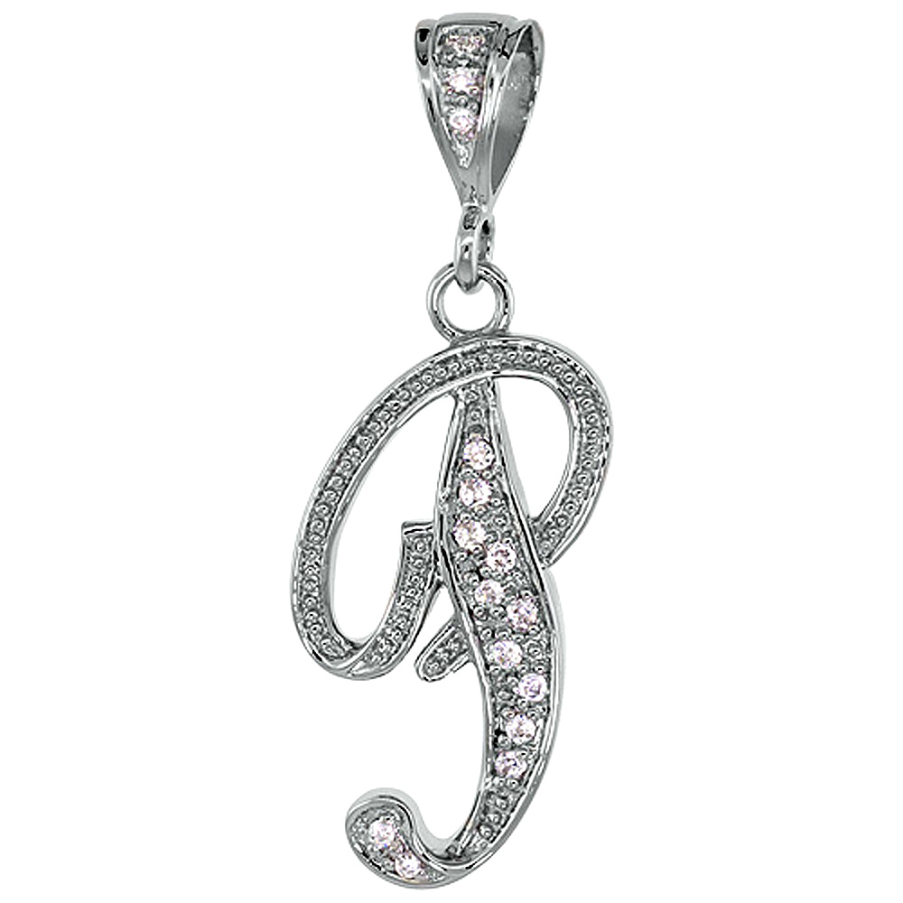 Sterling Silver Large Script Initial Letter P Pendant w/ Cubic Zirconia Stones 1 1/2 inch high