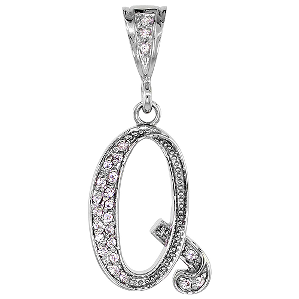 Sterling Silver Large Script Initial Letter Q Pendant w/ Cubic Zirconia Stones 1 1/2 inch high