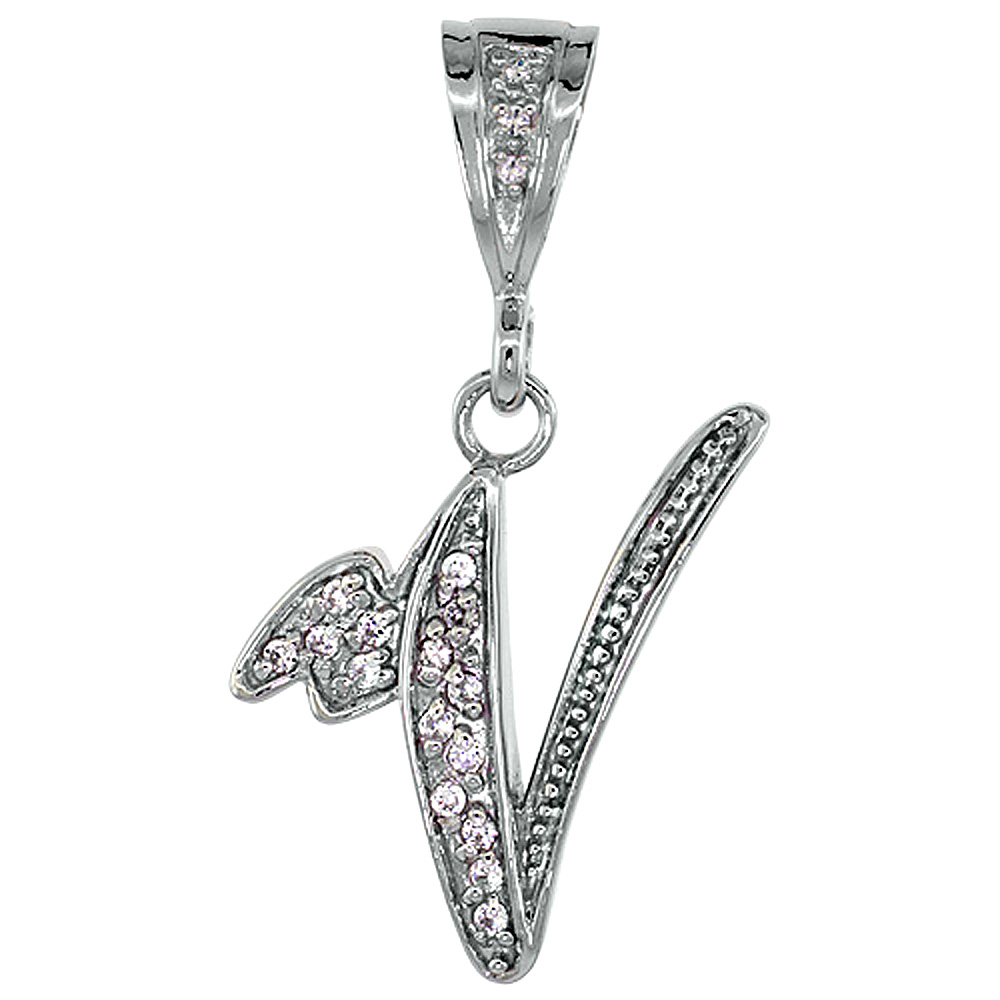 STERLING SILVER LARGE SCRIPT INITIAL LETTER V PENDANT W/ CUBIC ZIRCONIA STONES 1 1/2 INCH HIGH
