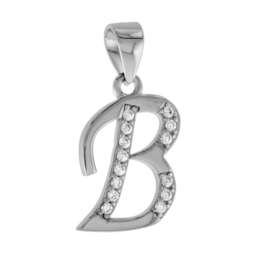 VERY SMALL STERLING SILVER CZ STYLIZED BLOCK INITIAL B PENDANT FOR WOMEN HIGH RHODIUM FINISH 3/8 INCH