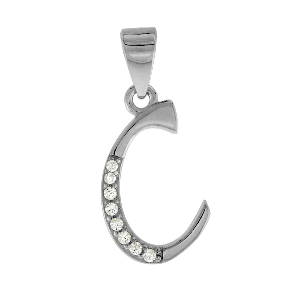 VERY SMALL STERLING SILVER CZ STYLIZED BLOCK INITIAL C PENDANT FOR WOMEN HIGH RHODIUM FINISH 3/8 INCH