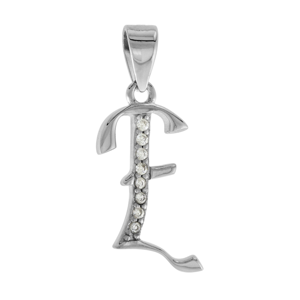VERY SMALL STERLING SILVER CZ STYLIZED BLOCK INITIAL E PENDANT FOR WOMEN HIGH RHODIUM FINISH 3/8 INCH