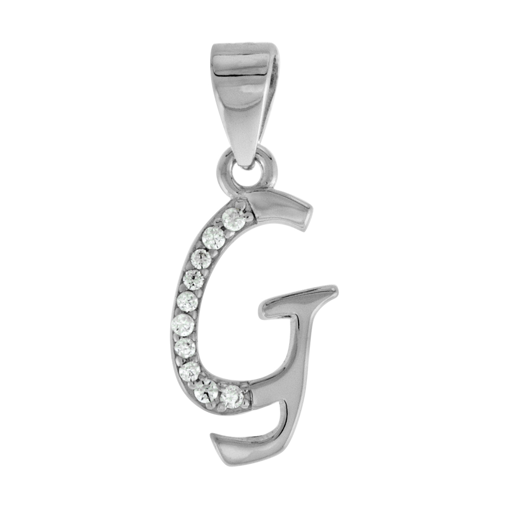 VERY SMALL STERLING SILVER CZ STYLIZED BLOCK INITIAL G PENDANT FOR WOMEN HIGH RHODIUM FINISH 3/8 INCH