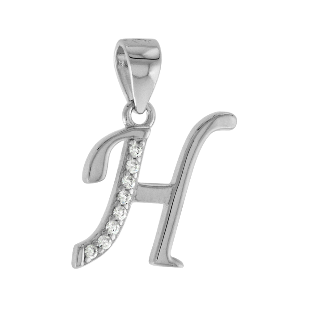 VERY SMALL STERLING SILVER CZ STYLIZED BLOCK INITIAL H PENDANT FOR WOMEN HIGH RHODIUM FINISH 3/8 INCH