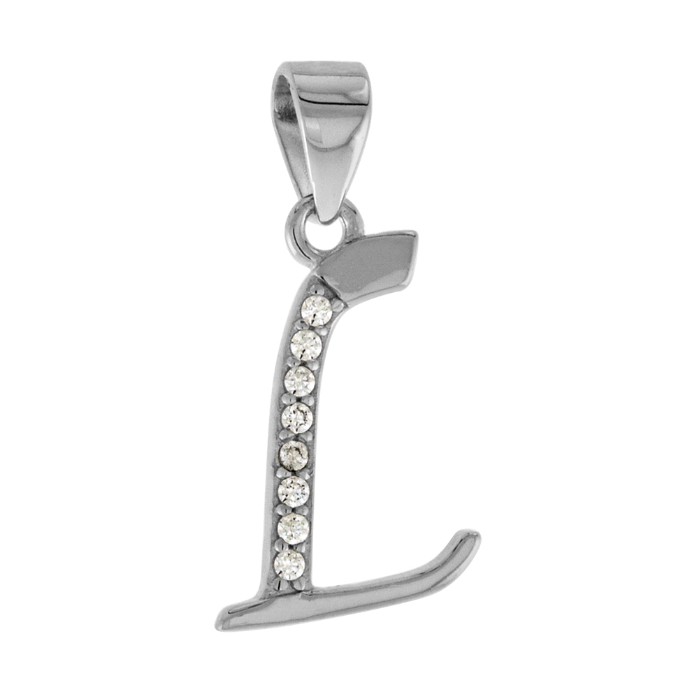 VERY SMALL STERLING SILVER CZ STYLIZED BLOCK INITIAL L PENDANT FOR WOMEN HIGH RHODIUM FINISH 3/8 INCH