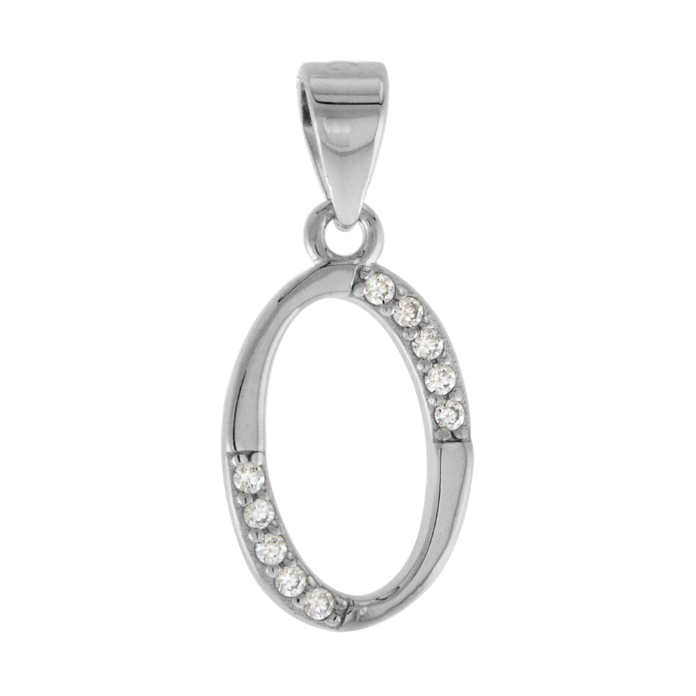 VERY SMALL STERLING SILVER CZ STYLIZED BLOCK INITIAL O PENDANT FOR WOMEN HIGH RHODIUM FINISH 3/8 INCH
