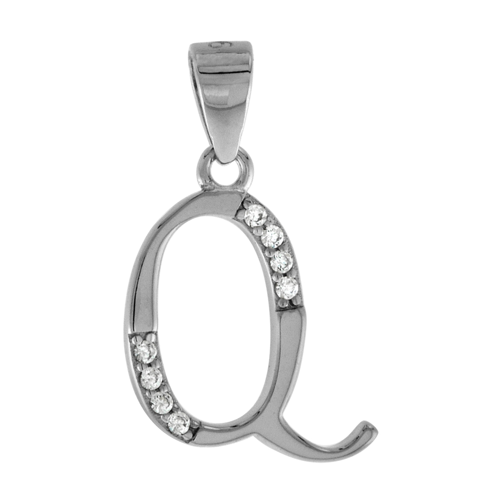 VERY SMALL STERLING SILVER CZ STYLIZED BLOCK INITIAL Q PENDANT FOR WOMEN HIGH RHODIUM FINISH 3/8 INCH