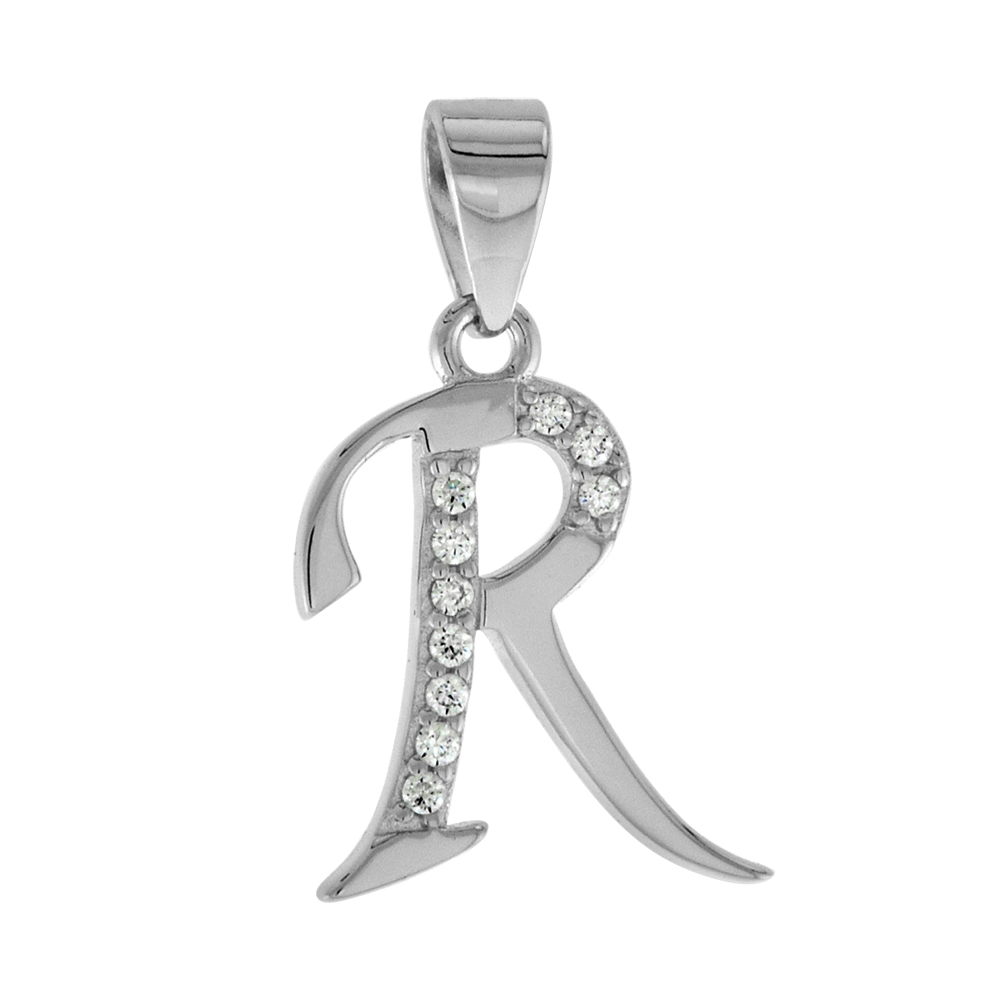 VERY SMALL STERLING SILVER CZ STYLIZED BLOCK INITIAL R PENDANT FOR WOMEN HIGH RHODIUM FINISH 3/8 INCH
