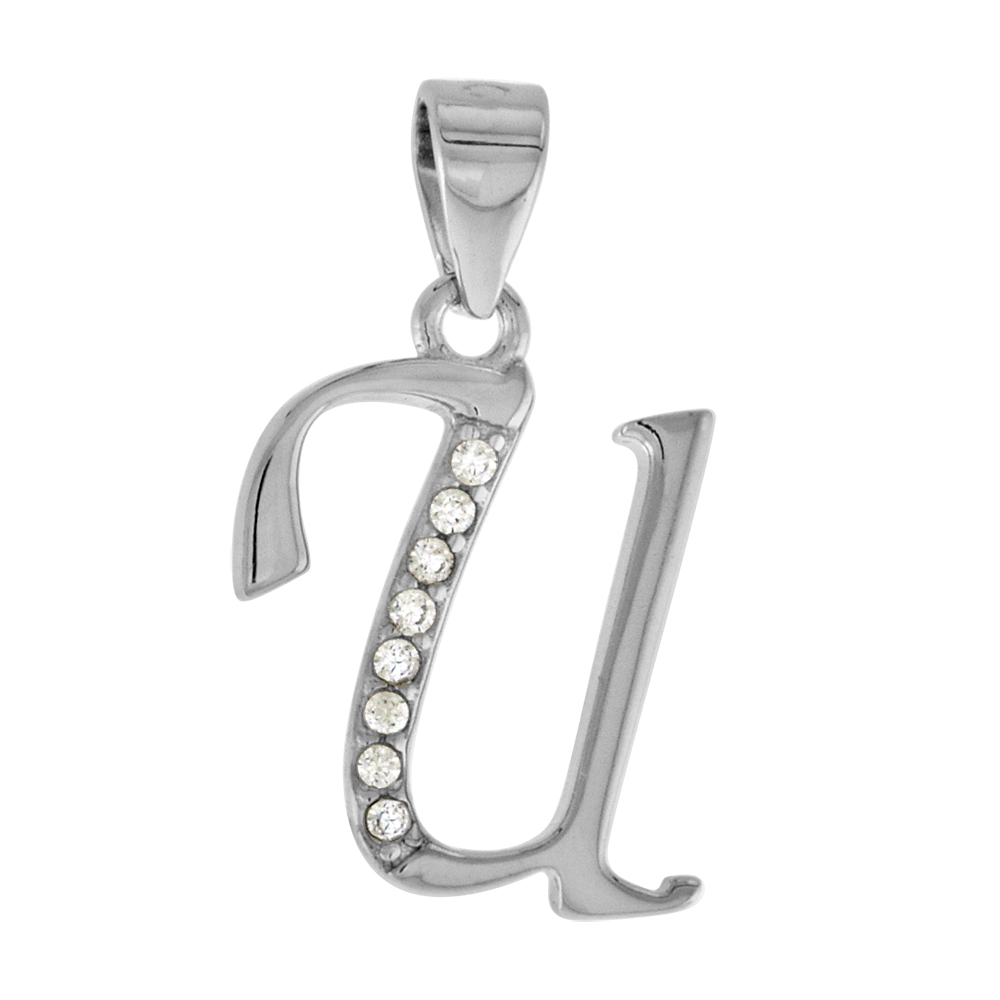VERY SMALL STERLING SILVER CZ STYLIZED BLOCK INITIAL U PENDANT FOR WOMEN HIGH RHODIUM FINISH 3/8 INCH