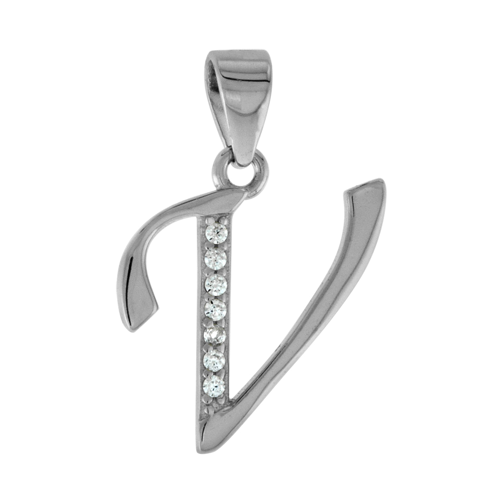 VERY SMALL STERLING SILVER CZ STYLIZED BLOCK INITIAL V PENDANT FOR WOMEN HIGH RHODIUM FINISH 3/8 INCH