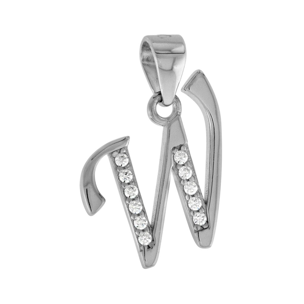 VERY SMALL STERLING SILVER CZ STYLIZED BLOCK INITIAL W PENDANT FOR WOMEN HIGH RHODIUM FINISH 3/8 INCH
