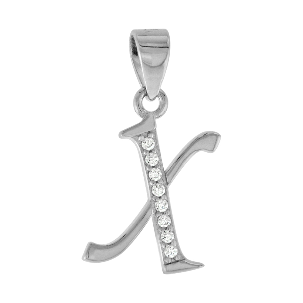 VERY SMALL STERLING SILVER CZ STYLIZED BLOCK INITIAL X PENDANT FOR WOMEN HIGH RHODIUM FINISH 3/8 INCH