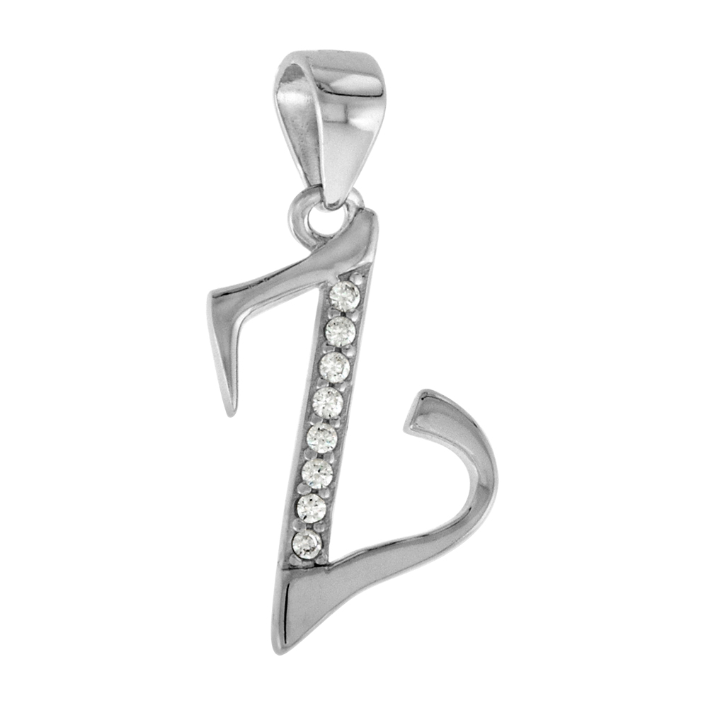 VERY SMALL STERLING SILVER CZ STYLIZED BLOCK INITIAL Z PENDANT FOR WOMEN HIGH RHODIUM FINISH 3/8 INCH