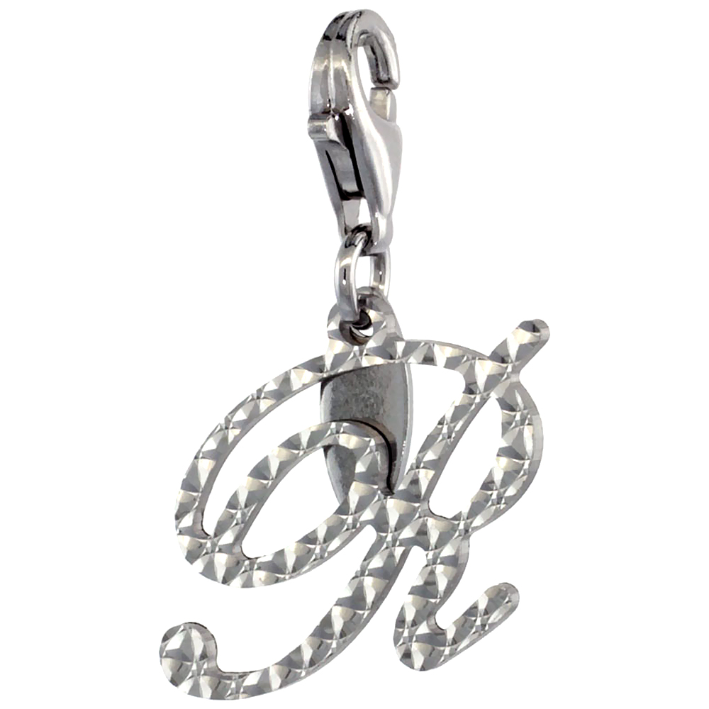 Sterling Silver Alphabet Pendant Script Initial R Charm with Lobster Clasp Diamond Cut Women Italy 3/4 inch