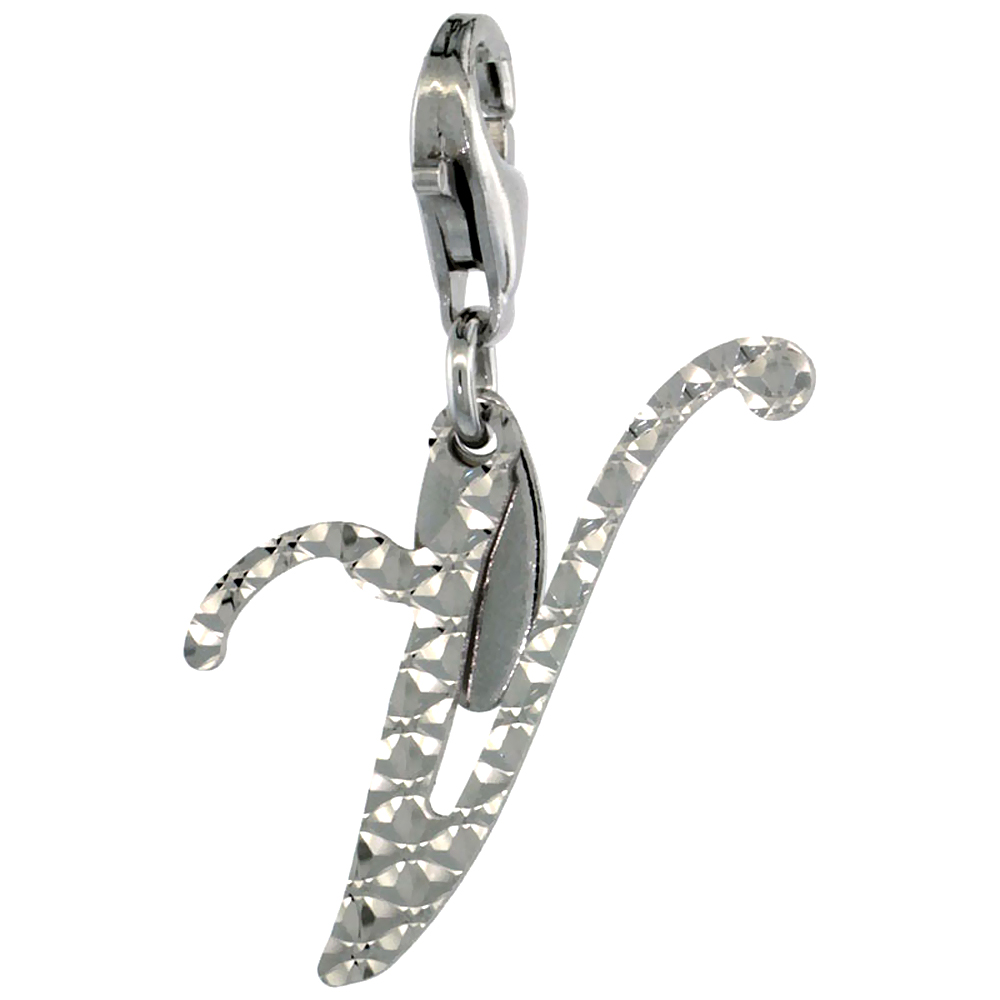 Sterling Silver Alphabet Pendant Script Initial V Charm with Lobster Clasp Diamond Cut Women Italy 3/4 inch