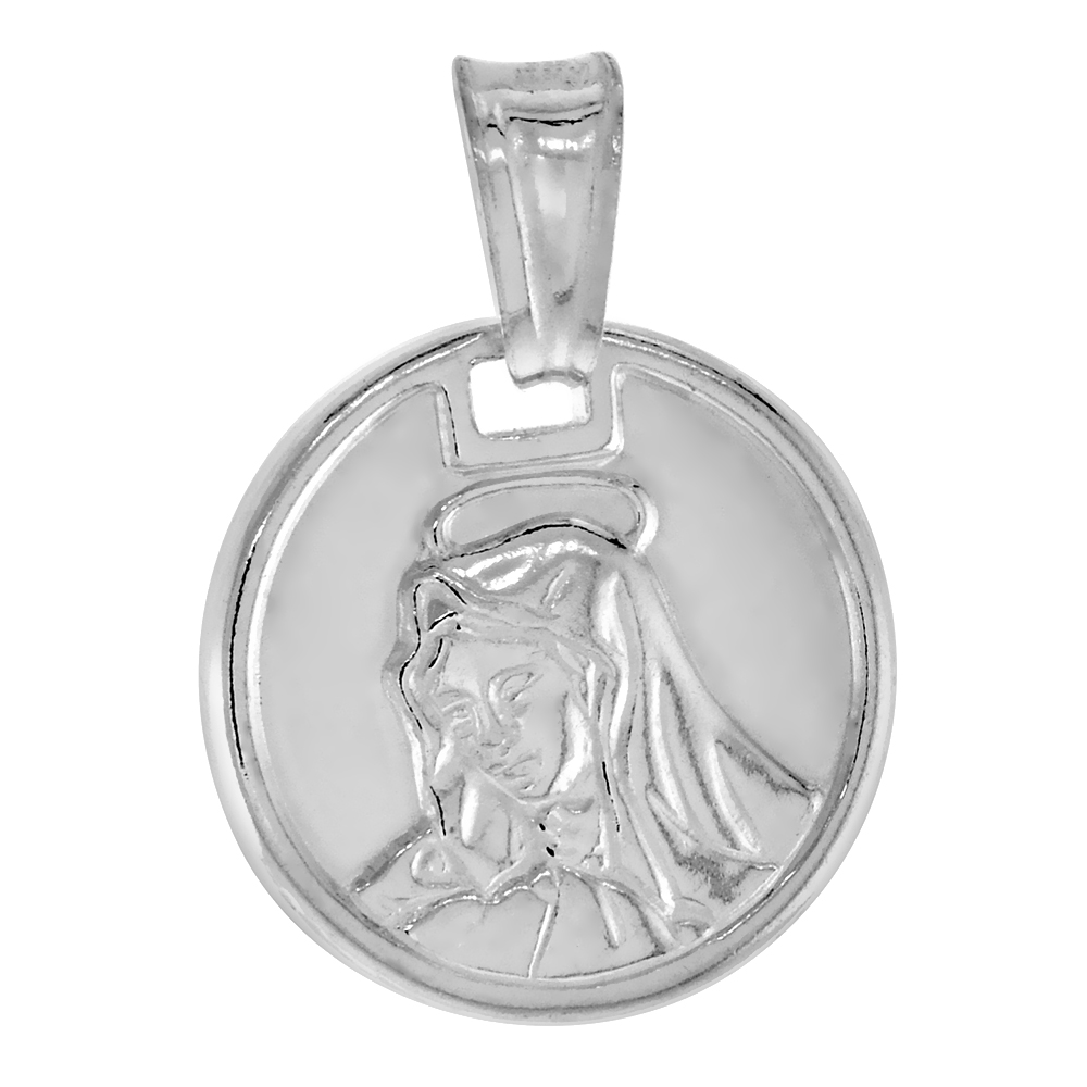 STERLING SILVER MOTHER MARY MEDAL HOLLOW ITALY 9/16 INCH (15 MM) IN DIAMETER.