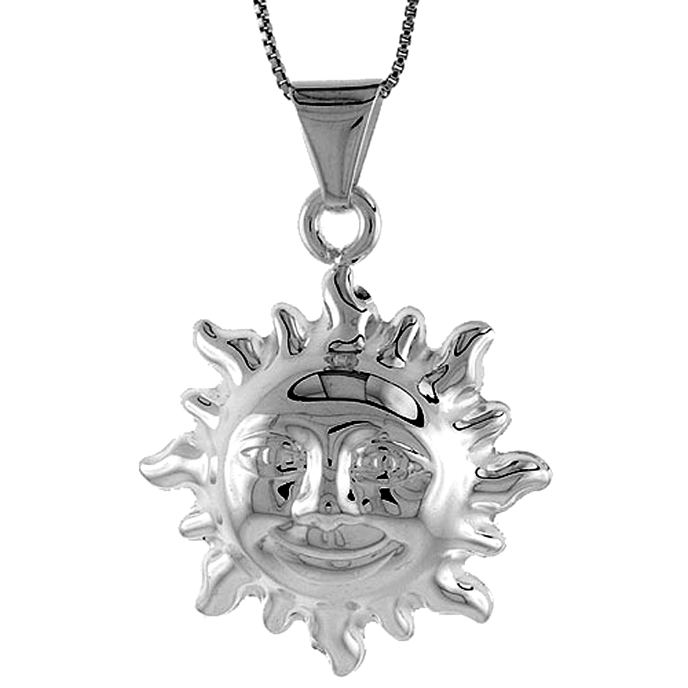 STERLING SILVER LARGE SUN PENDANT HOLLOW ITALY 1 5/16 INCH (34 MM) TALL