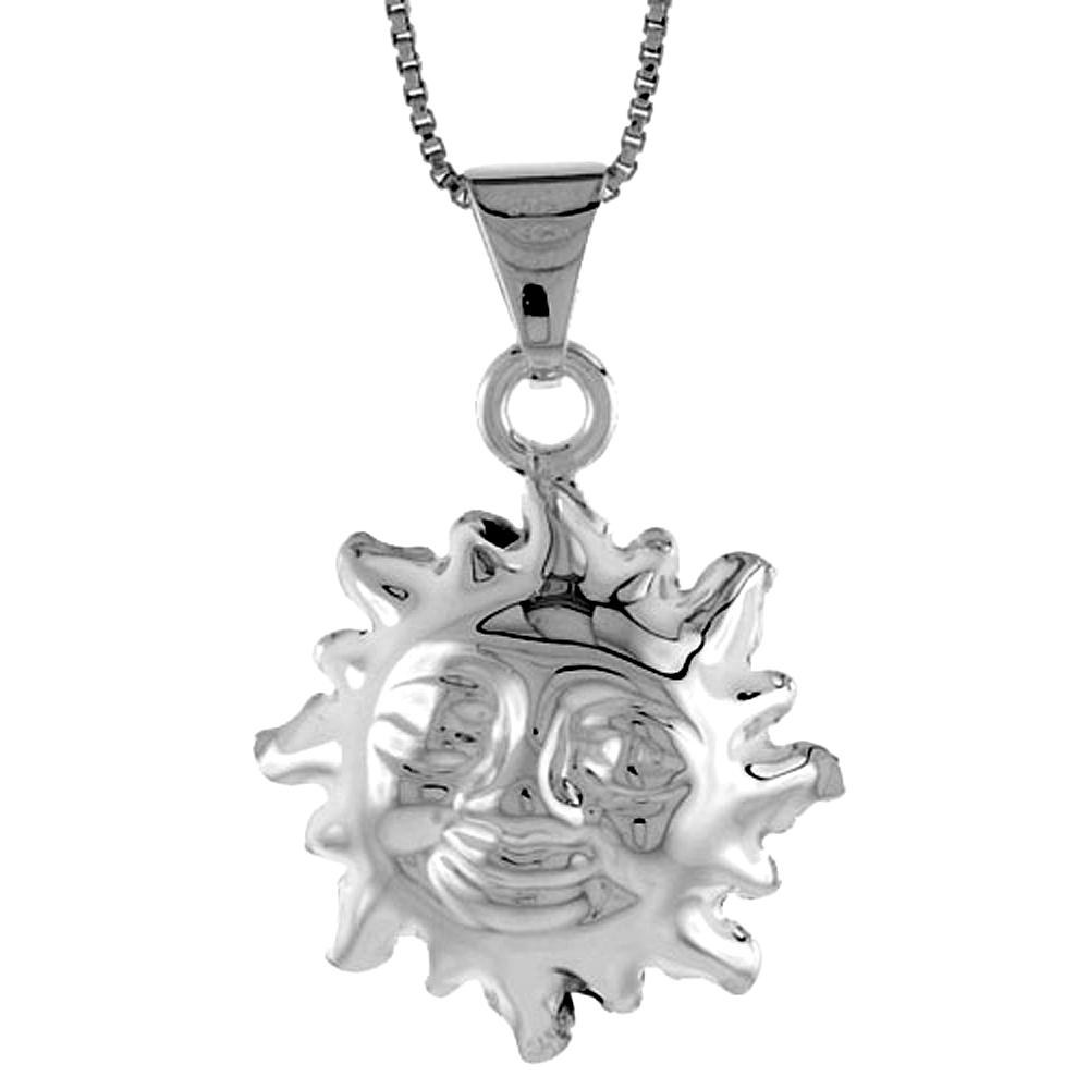 STERLING SILVER LARGE SUN PENDANT HOLLOW ITALY 15/16 INCH (24 MM) TALL