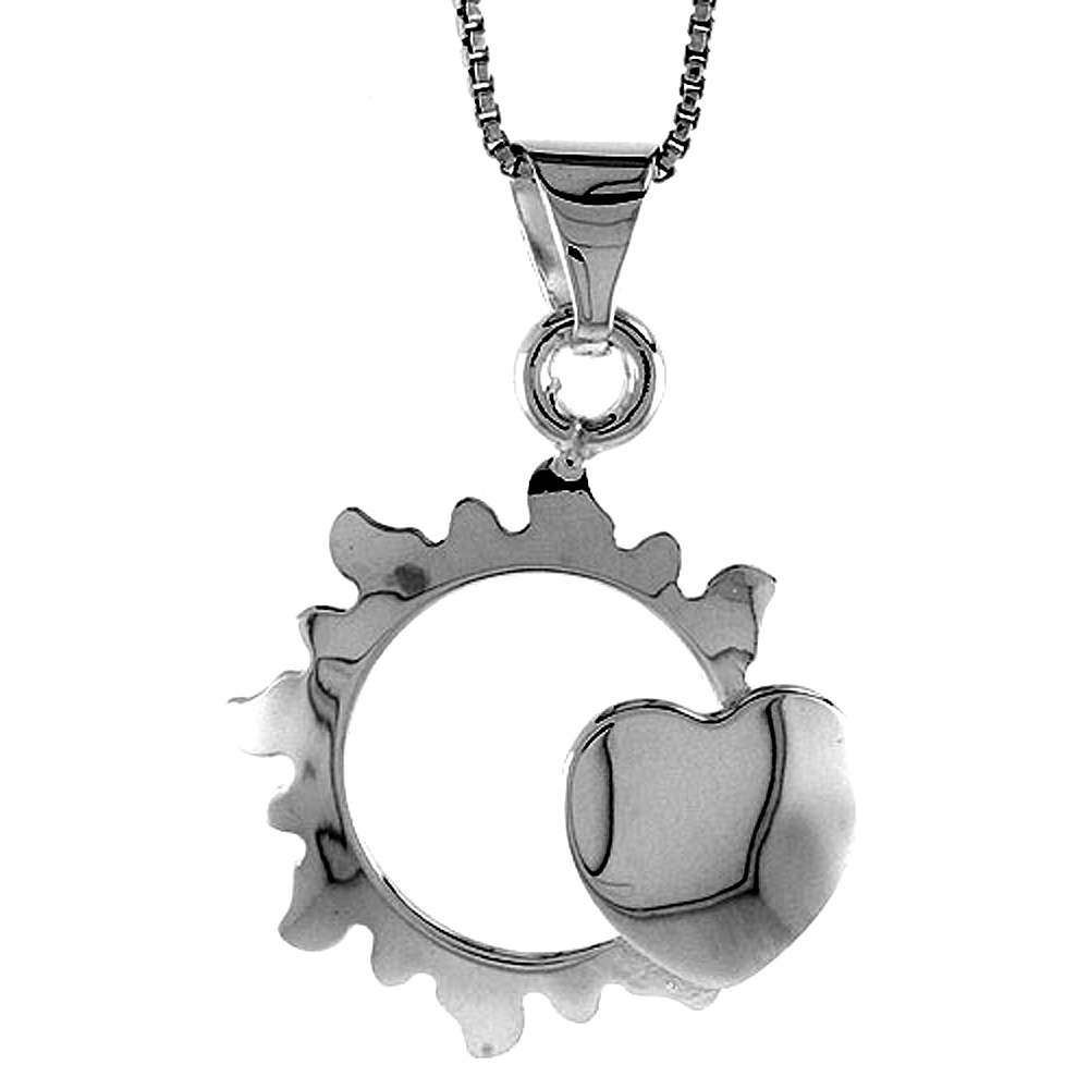 STERLING SILVER SUN WITH HEART PENDANT HOLLOW ITALY 15/16 INCH (24 MM) TALL