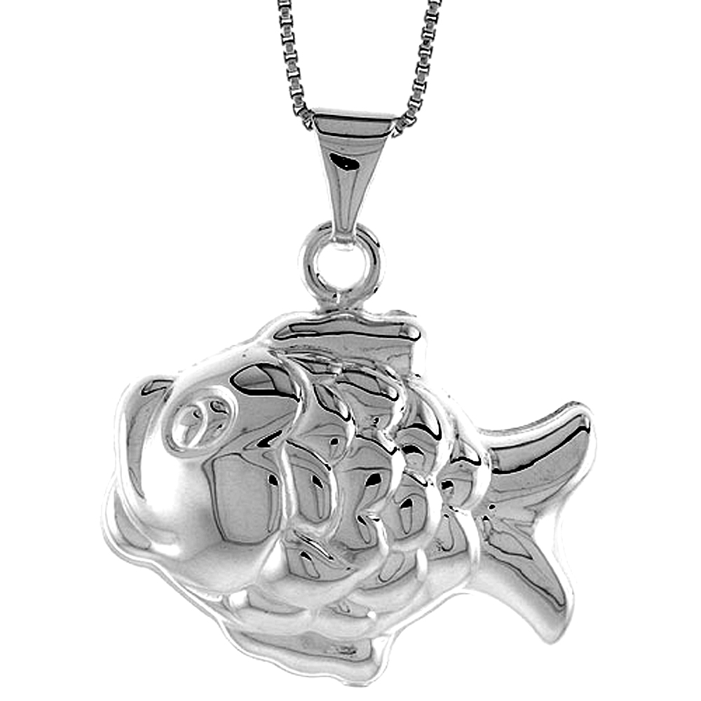STERLING SILVER LARGE FISH PENDANT HOLLOW ITALY 15/16 INCH (24 MM) TALL