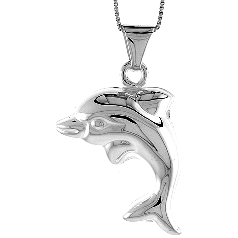 STERLING SILVER LARGE DOLPHIN PENDANT HOLLOW ITALY 1 5/6 INCH (33 MM) TALL