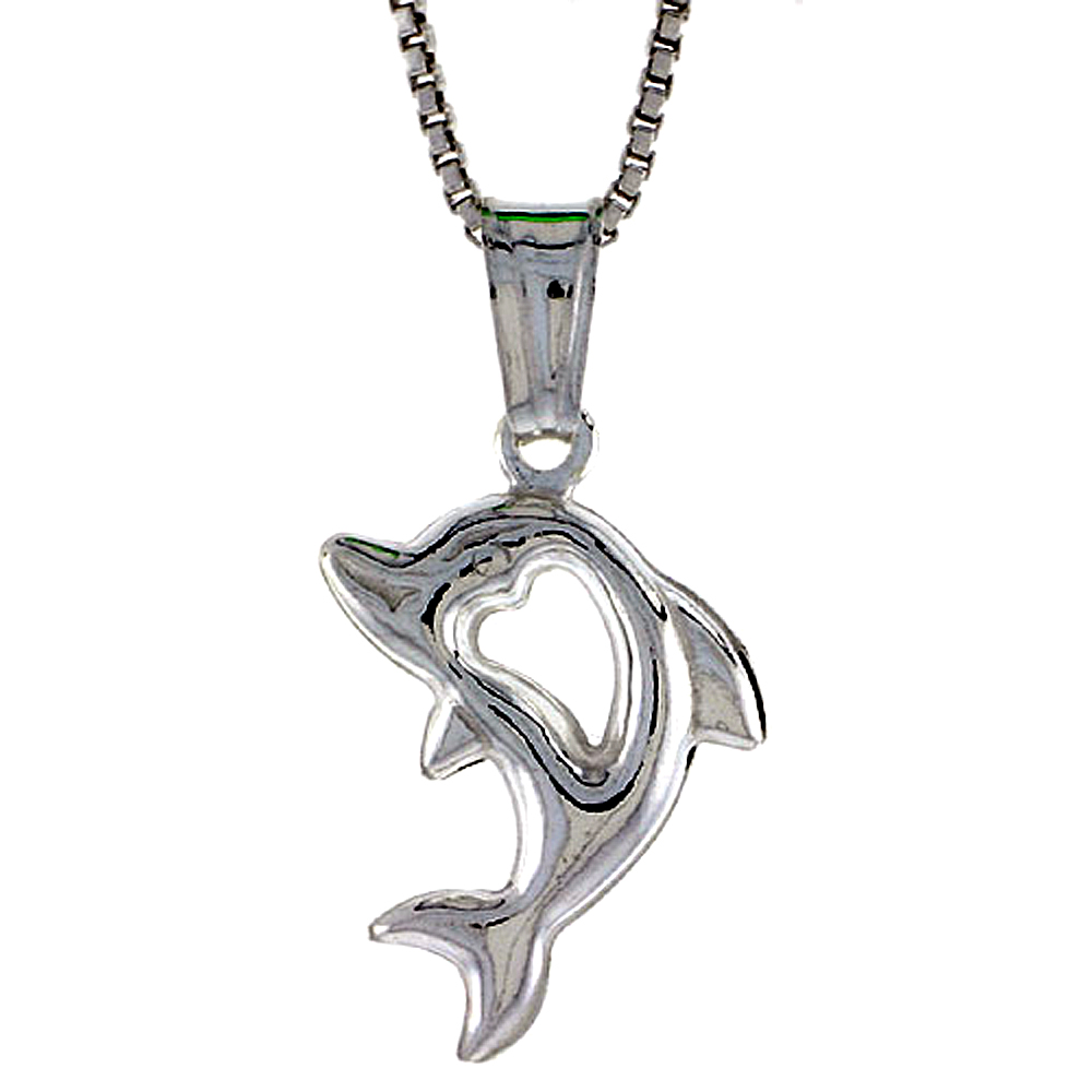 STERLING SILVER DOLPHIN PENDANT WITH CUT OUT HEART HOLLOW ITALY 11/16 INCH (17 MM) TALL