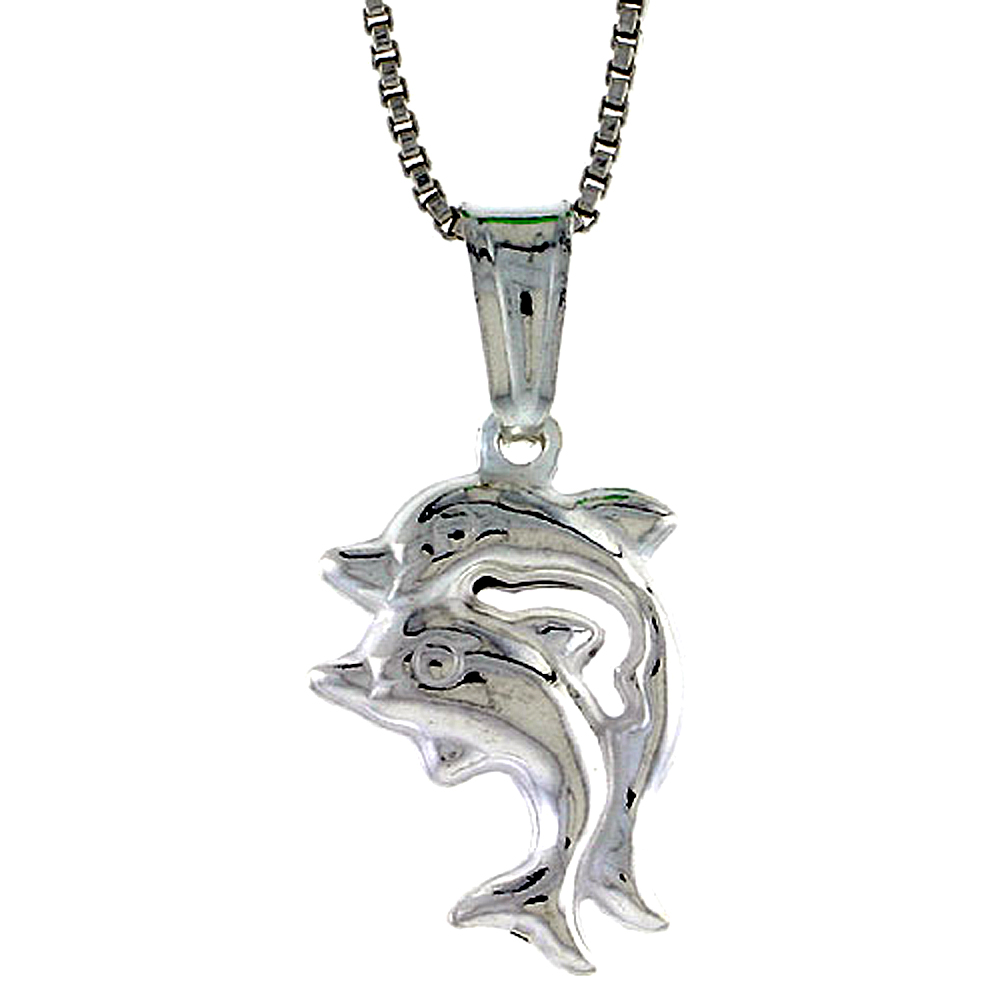 STERLING SILVER DOUBLE DOLPHIN PENDANT HOLLOW ITALY 11/16 INCH (17 MM) TALL