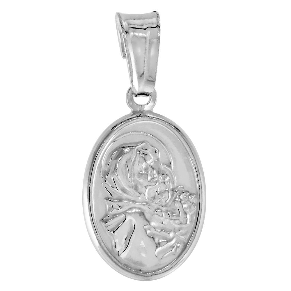 STERLING SILVER MARY AND JESUS MEDAL HOLLOW ITALY 9/16 INCH (14 MM) TALL NO CHAIN