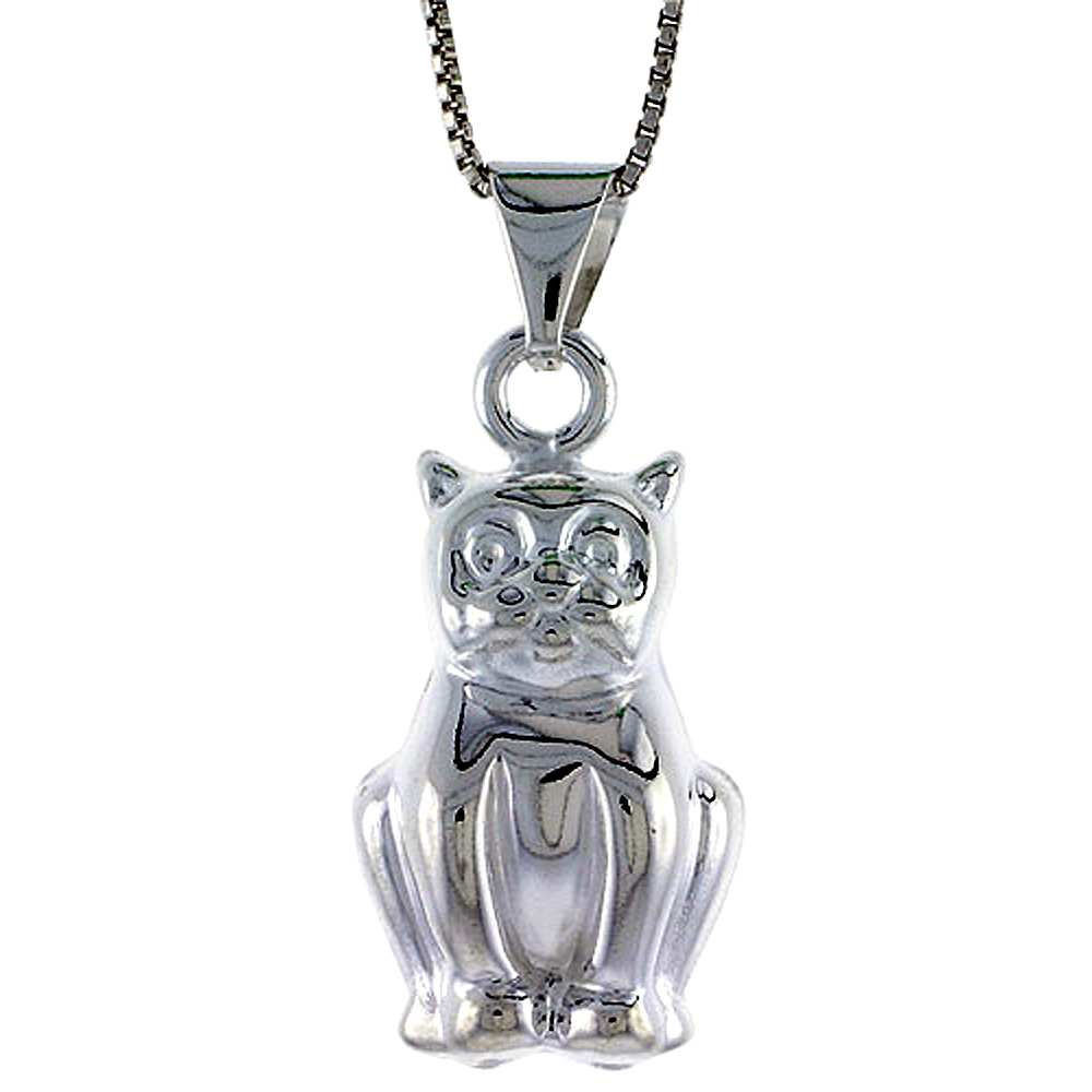 STERLING SILVER LARGE CAT PENDANT HOLLOW ITALY 1 INCH (25 MM) TALL