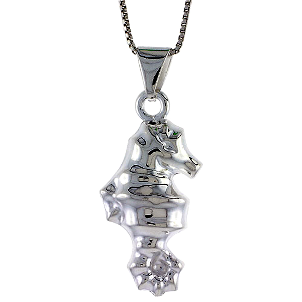 STERLING SILVER LARGE SEAHORSE PENDANT HOLLOW ITALY 1 1/8 INCH (29 MM) TALL