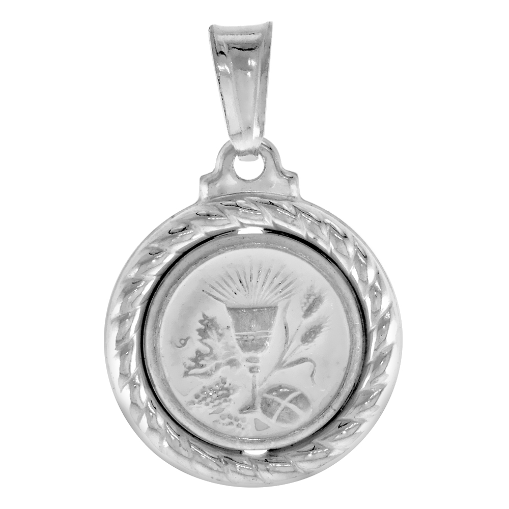 STERLING SILVER EUCHARIST MEDAL HOLLOW ITALY 5/8 INCH (17 MM) IN DIAMETER.