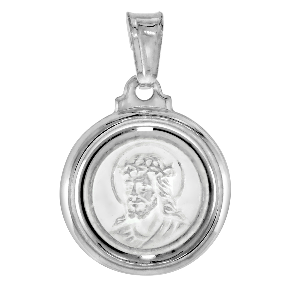 STERLING SILVER JESUS WITH THORNS MEDAL HOLLOW ITALY 5/8 INCH (17 MM) IN DIAMETER.
