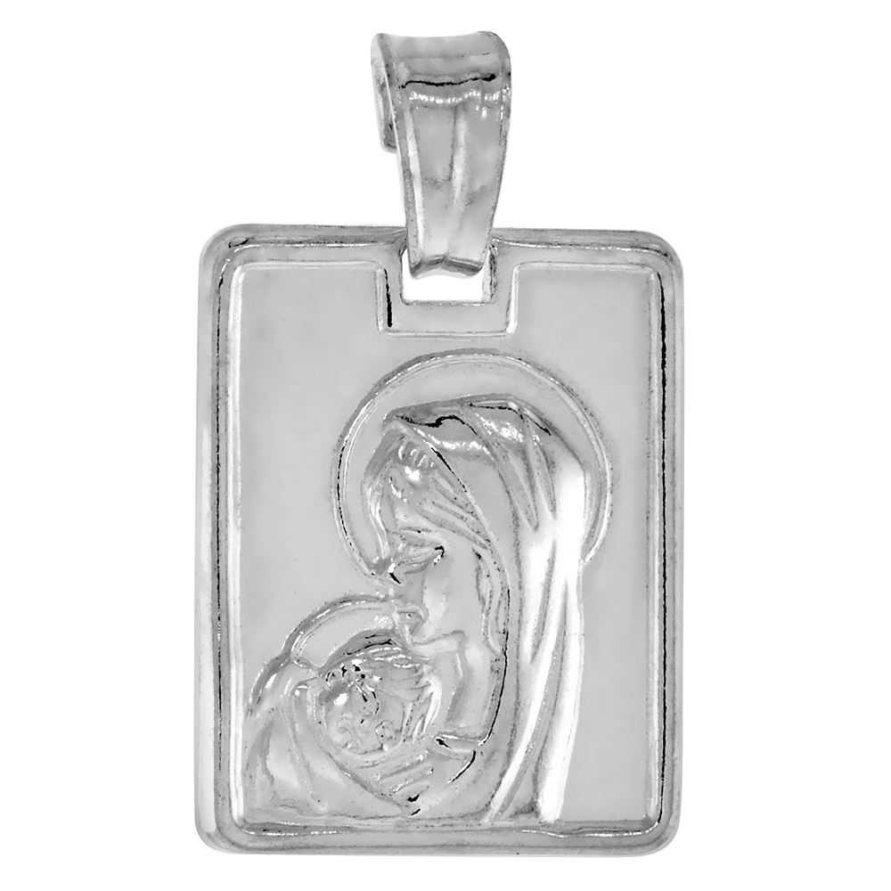 STERLING SILVER MARY AND JESUS PENDANT RECTANGULAR ITALY 5/8 INCH (17 MM) TALL NO CHAIN