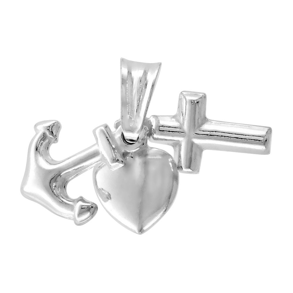STERLING SILVER HOPE, FAITH, CHARITY PENDANT, MADE IN ITALY. 1/2 IN. (13 MM) TALL NO CHAIN