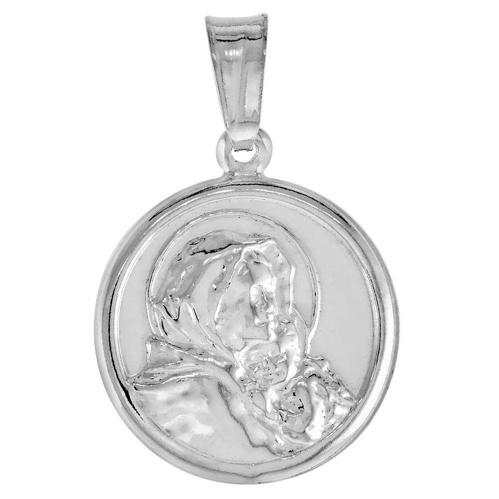 STERLING SILVER MARY AND JESUS MEDAL HOLLOW ITALY 11/16 INCH (18 MM) IN DIAMETER.