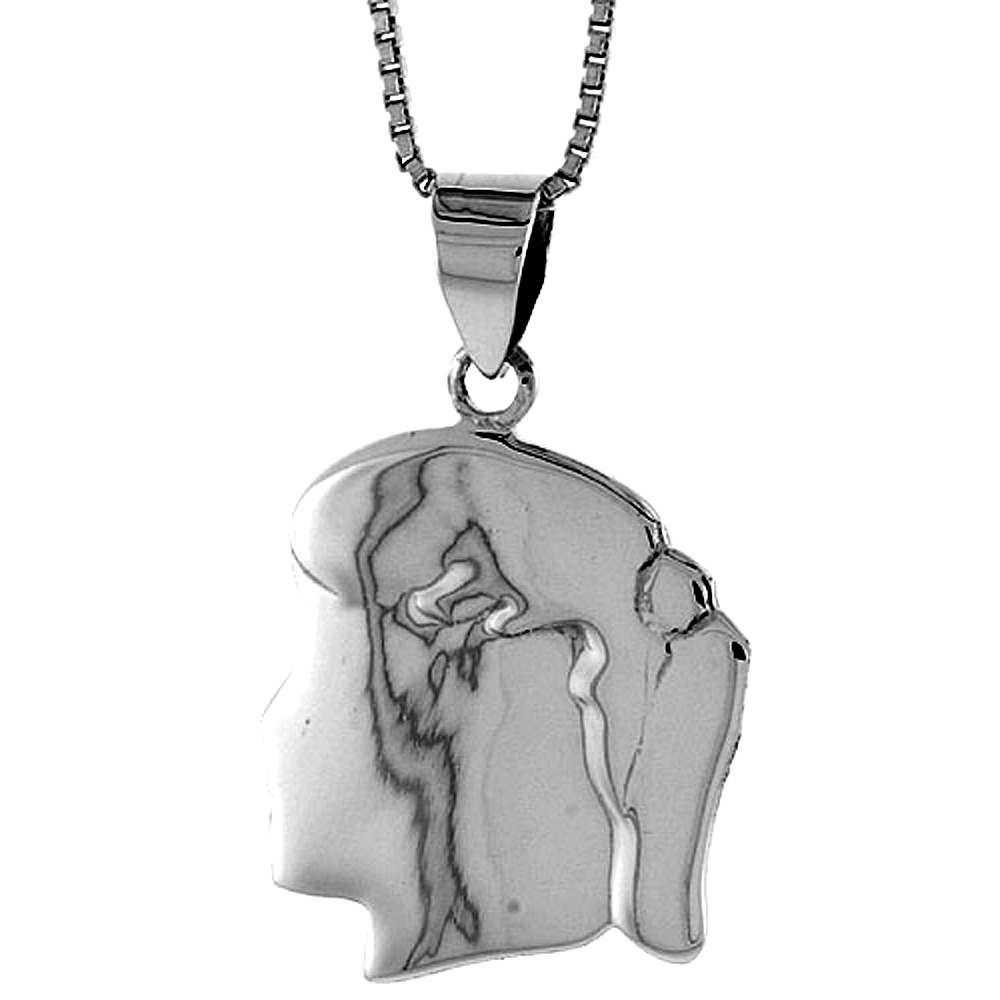 STERLING SILVER FLAT GIRL'S HEAD PENDANT HOLLOW ITALY 13/16 INCH (21 MM) TALL