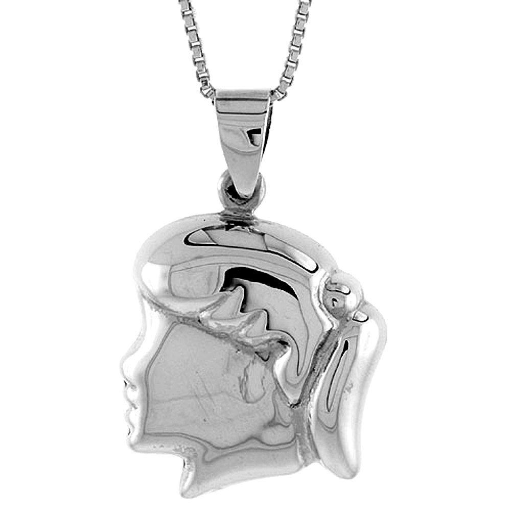 STERLING SILVER PUFFED GIRL'S HEAD PENDANT HOLLOW ITALY 13/16 INCH (21 MM) TALL