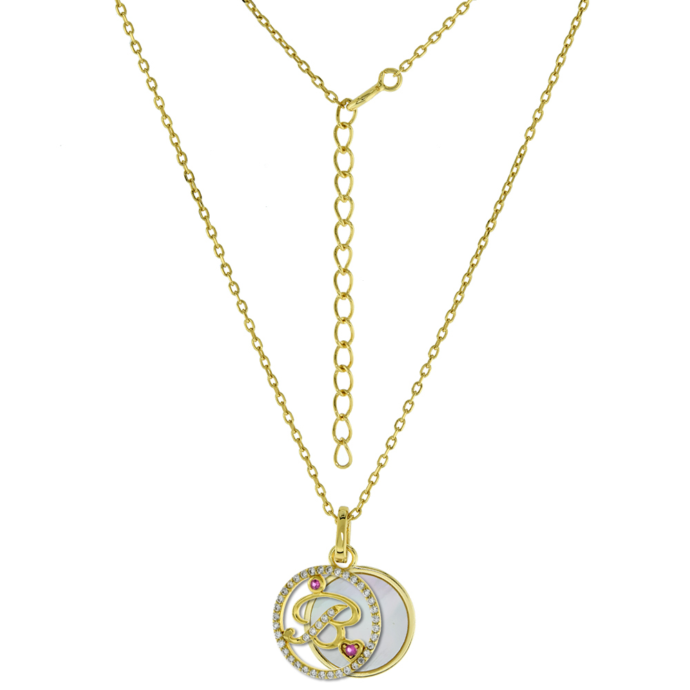 GOLD-PLATED STERLING SILVER CZ MOTHER OF PEARL INITIAL B NECKLACE FOR WOMEN 2 PIECE WITH ENHANCER BALE RED CZ ACCENT 16-18 INCH