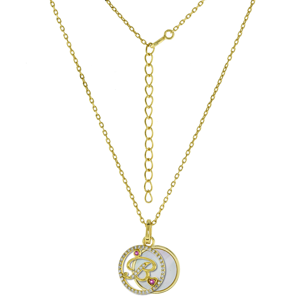 Gold-Plated Sterling Silver CZ Mother of Pearl Initial B Necklace for Women 2 piece with Enhancer Bale Red CZ Accent 16-18 inch