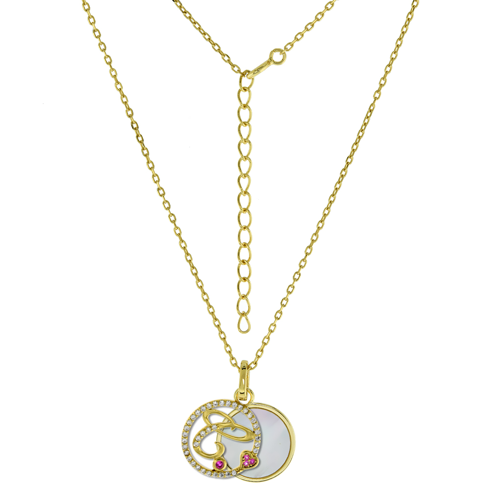 GOLD-PLATED STERLING SILVER CZ MOTHER OF PEARL INITIAL C NECKLACE FOR WOMEN 2 PIECE WITH ENHANCER BALE RED CZ ACCENT 16-18 INCH