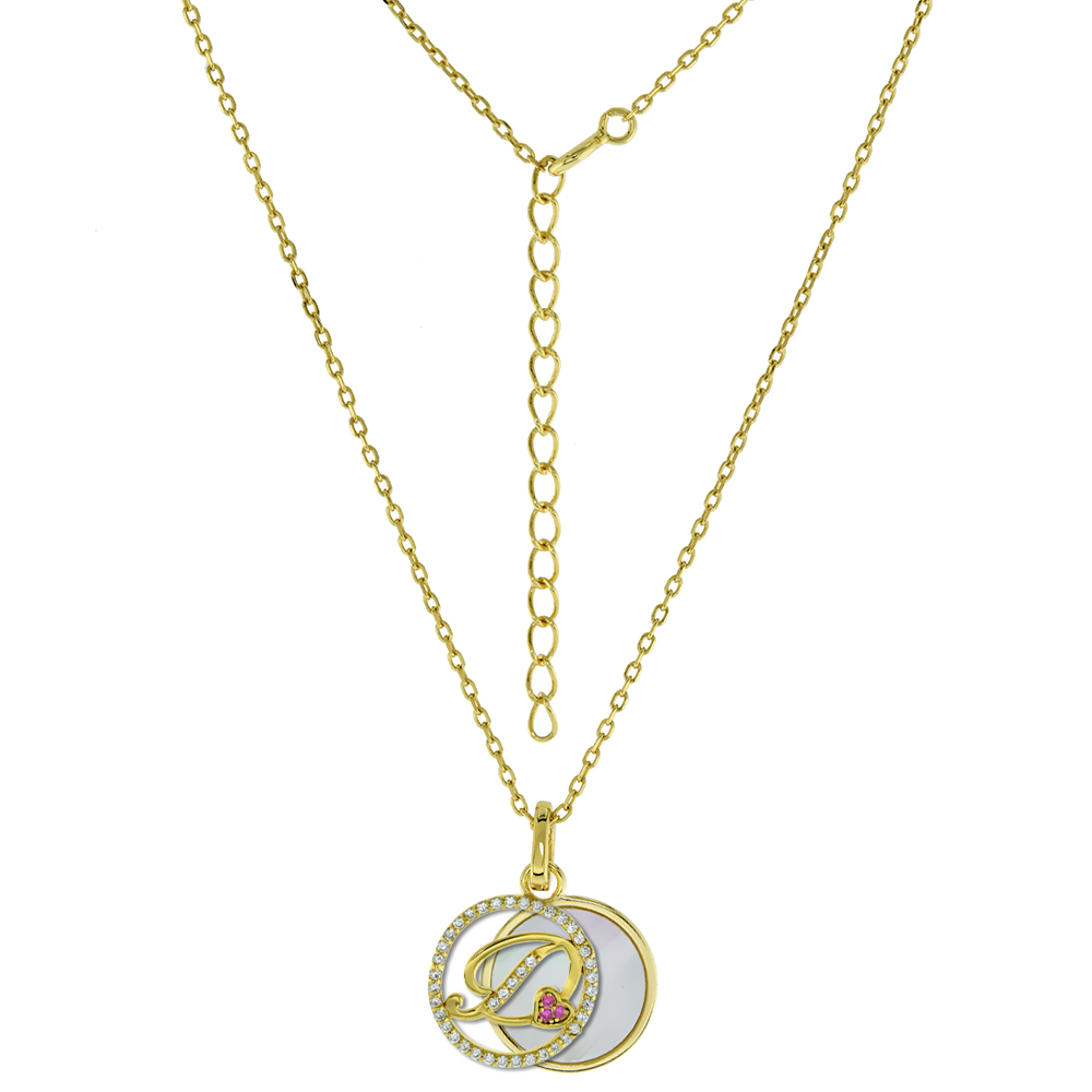Gold-Plated Sterling Silver CZ Mother of Pearl Initial D Necklace for Women 2 piece with Enhancer Bale Red CZ Accent 16-18 inch
