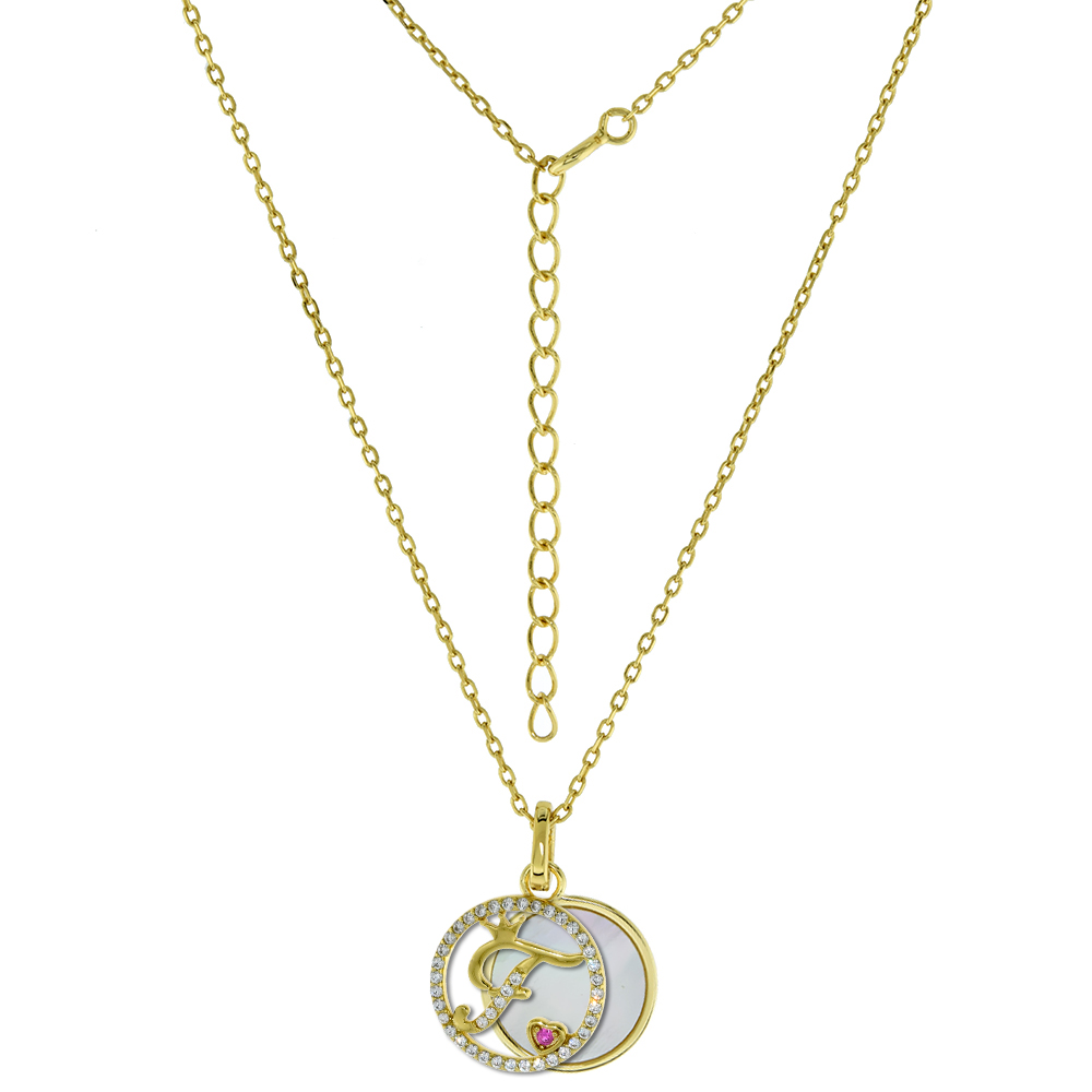 Gold-Plated Sterling Silver CZ Mother of Pearl Initial F Necklace for Women 2 piece with Enhancer Bale Red CZ Accent 16-18 inch