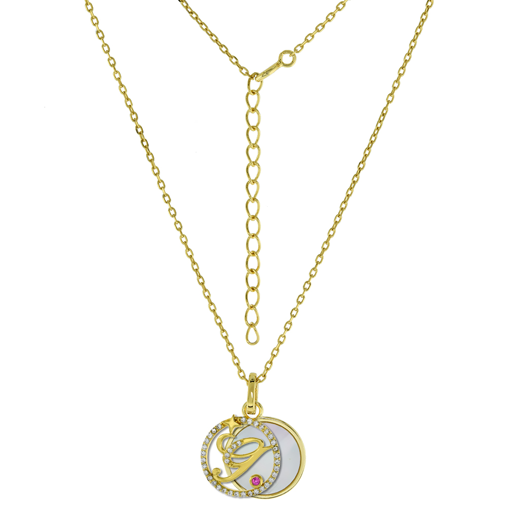 GOLD-PLATED STERLING SILVER CZ MOTHER OF PEARL INITIAL G NECKLACE FOR WOMEN 2 PIECE WITH ENHANCER BALE RED CZ ACCENT 16-18 INCH
